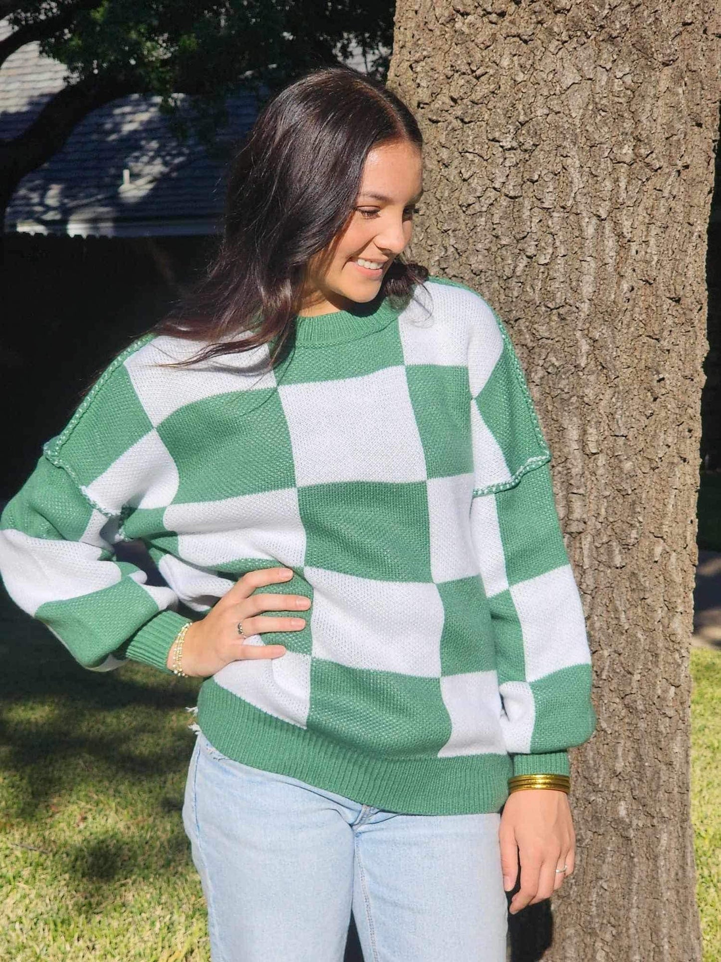 Green and White Checkered Sweater