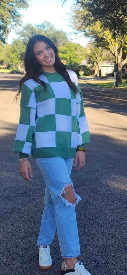 Green and White Checkered Sweater