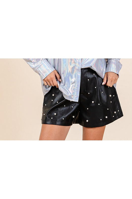 Faux Leather Shorts With Pearls